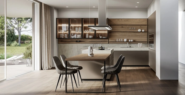 Cucina Moderna con isola Wega 02 in laccato metallizzato e rovere di Arredo3