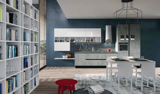 Cucina Moderna Bijou in grès Pietra di Savoia grigia e vetro bianco lucido di Aran