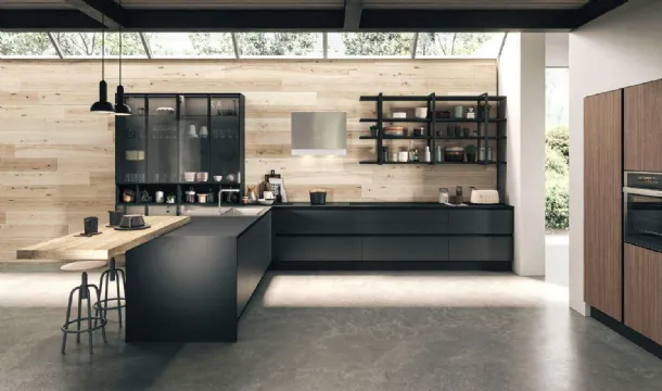 Cucina Moderna con penisola in vetro Grigio fumé con mensole laccate opaco Nero di Aran