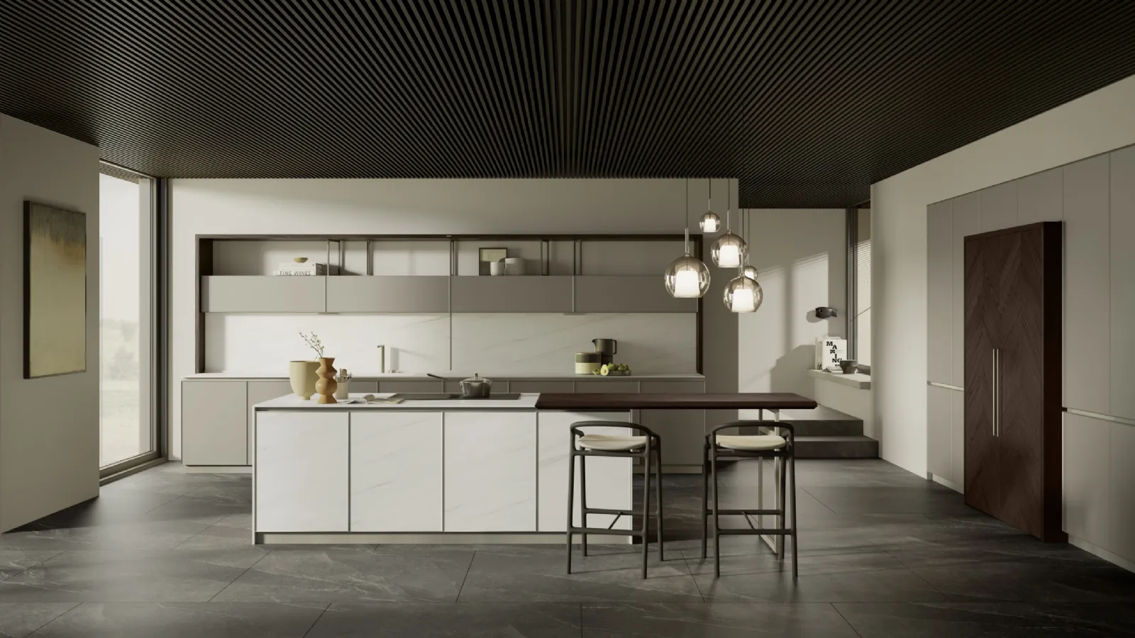 Cucina Moderna Blend in laccato opaco Platino con isola in laminam Bianco Lasa e banco snack in Rovere tinto Wengé di Composit
