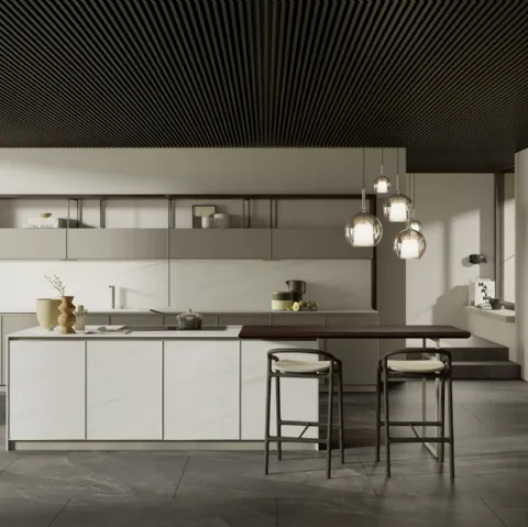 Cucina Moderna Blend in laccato opaco Platino con isola in laminam Bianco Lasa e banco snack in Rovere tinto Wengé di Composit