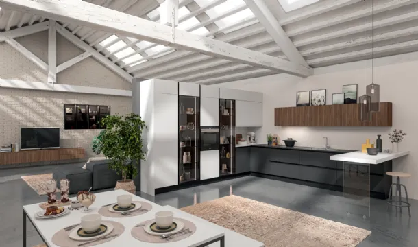 Cucina Moderna angolare con penisola Erika in laccato opaco Grigio grafite e PET Bianco opaco di Aran