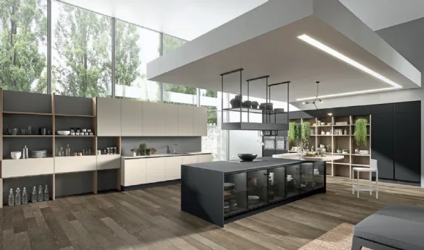 Cucina Moderna con isola Erika in PET laccato Grigio seta e Nero opaco di Aran