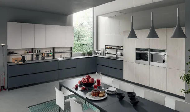 Cucina Moderna angolare Erika in laccato opaco Grigio e LPL Quercia Avena di Aran