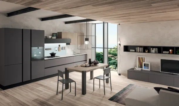 Cucina Moderna lineare Erika in LPL Ombra con profilo Nero e Rovere Brugès di Aran