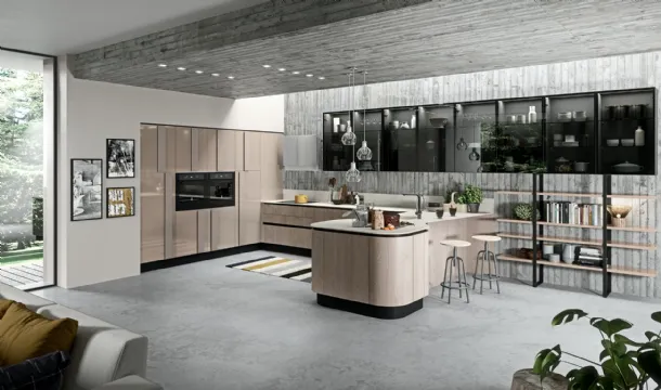 Cucina Moderna con penisola Erika in LPL Rovere cipria di Aran