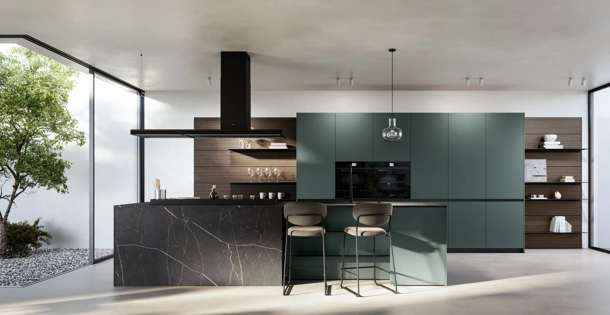Cucina Moderna con isola Kalì 01 in pet e laminato di Arredo3