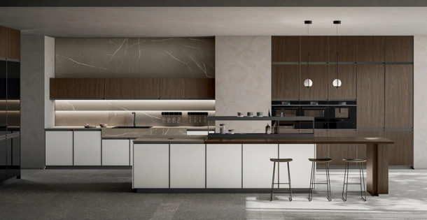 Cucina Moderna con isola Kronos 02 in pet bianco e laminato noce di Arredo3