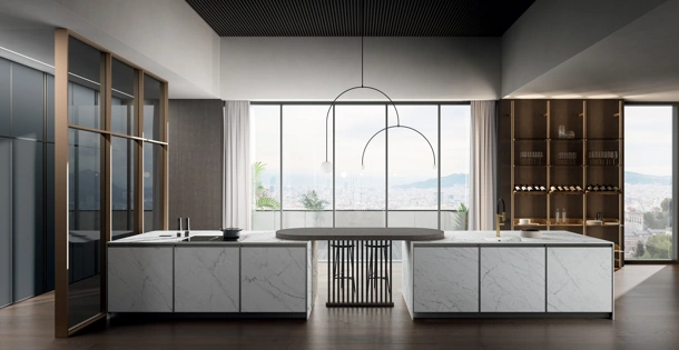 Cucina Moderna in laminam statuarietto con penisola Kronos di Arredo3