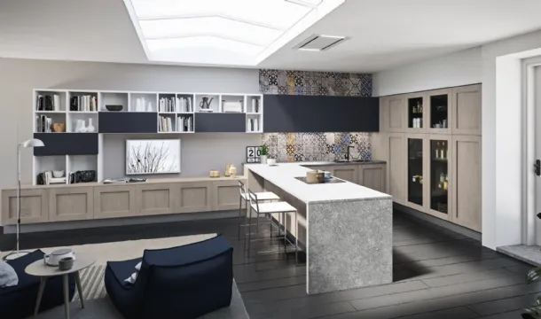 Cucina Moderna angolare con penisola Licia in legno di Rovere e Cemento di Aran