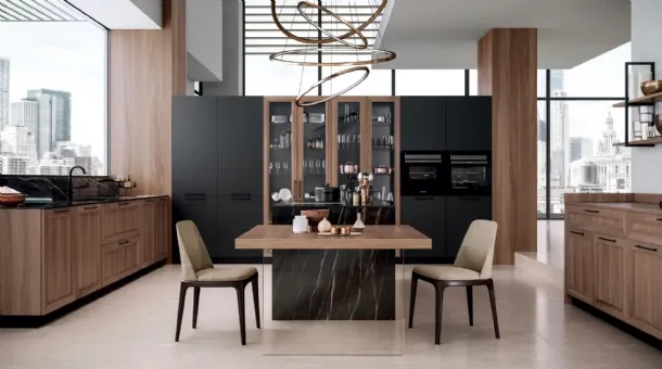 Cucina Moderna con isola Marilyn in Noce e Fenix Nero con top in marmo di Composit