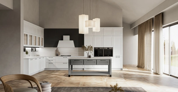 Cucina Moderna angolare Meg 03 in polimerico bianco e laccato fossile di Arredo3