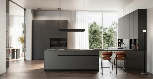 Cucina Moderna con penisola Time 02 in laccato metallizzato e legno di Arredo3