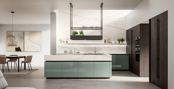 Cucina Moderna con isola Time 04 in laccato lucido e rovere ebano di Arredo3