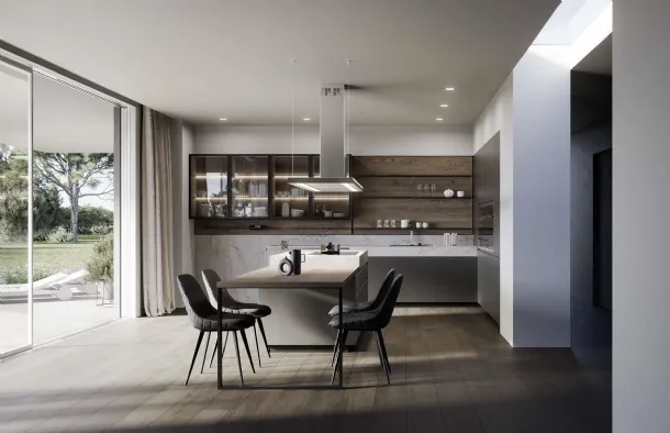 Cucina Moderna in laccato metallizzato e rovere safari con isola Wega 04 di Arredo3