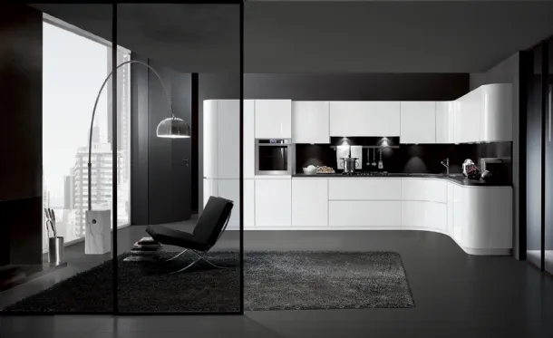 Cucina su misura di design angolare Linea Round in laccato lucido Bianco con top in Fenix Grigio Bromo di Composit