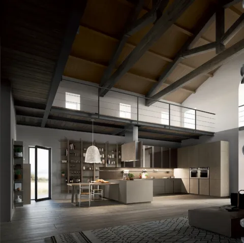 Cucina su misura con penisola Lounge in laccato Platino e Rovere di Composit