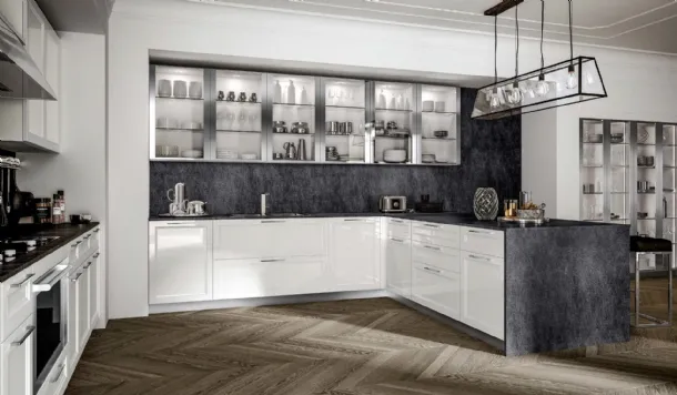 Cucina su misura con penisola Marilyn in laccato Bianco lucido di Composit