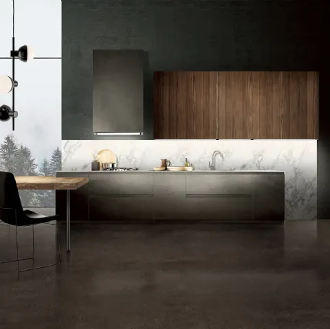 Cucina su misura di design Touch in Resina Anthracite e Noce Americano con penisola in legno Antico di Composit
