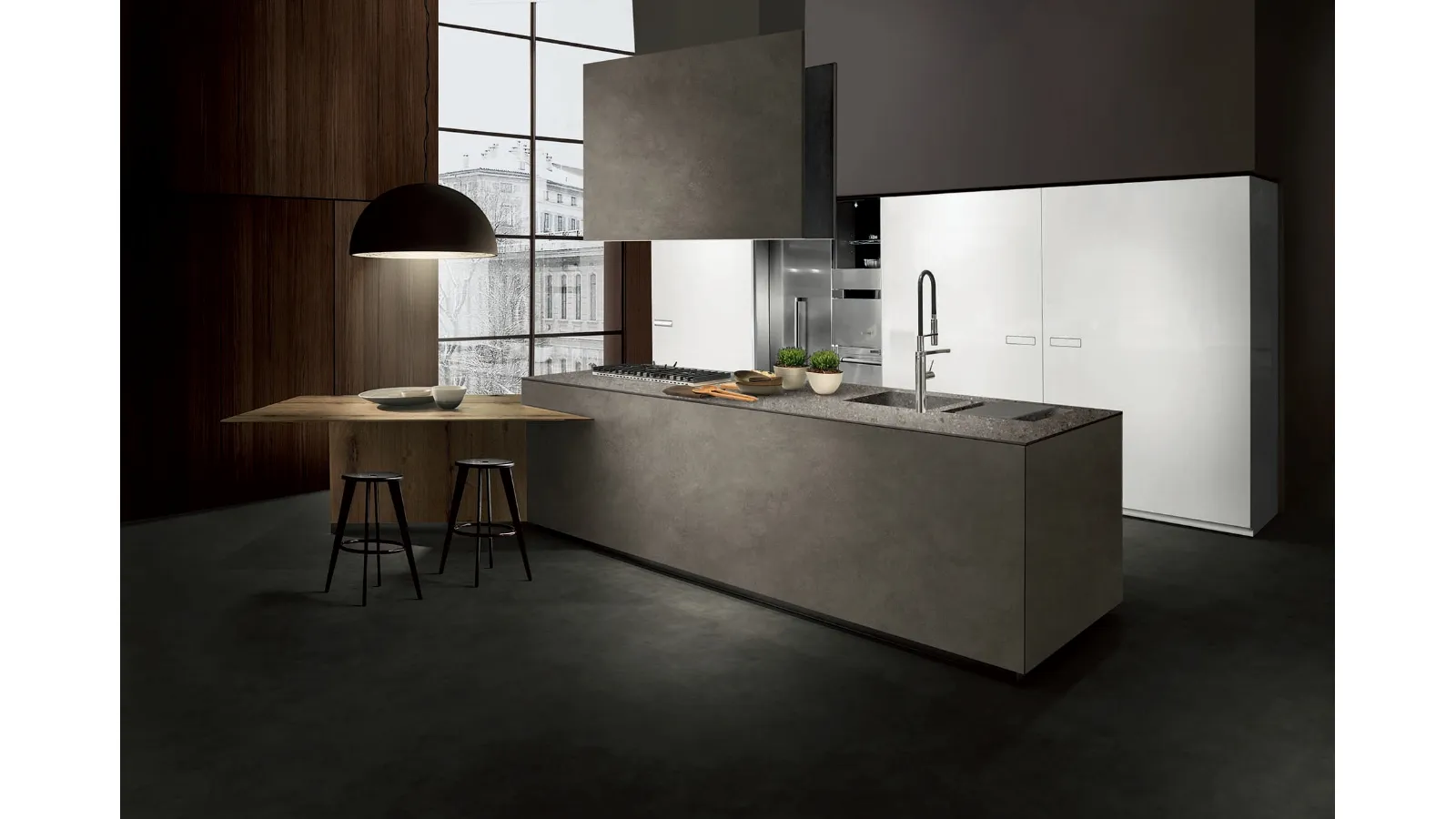 Cucina su misura di design Touch con isola in Resina Dark Grey e penisola in legno Antico con colonne in laccato Bianco lucido di Composit