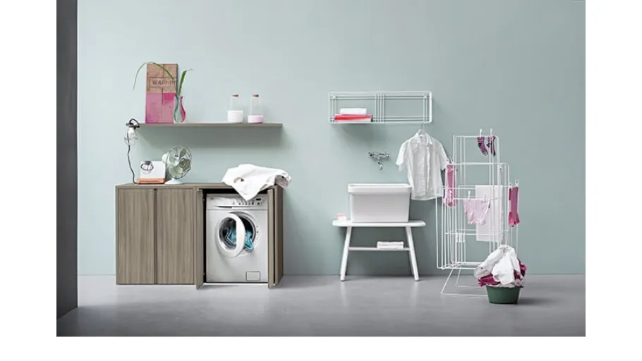 Mobile da Lavanderia in olmo grey e laccato opaco bianco Acqua e Sapone Lavanderia 03 di Birex