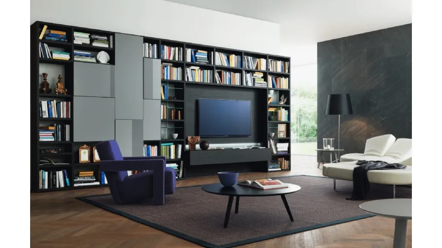 Libreria con vano porta TV Modo M6C72 in laccato opaco e Rovere carbone di Sangiacomo