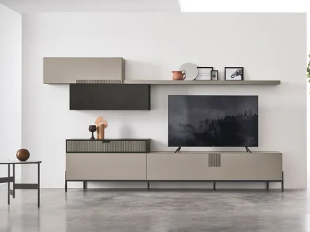 Mobile Porta Tv Lampo Open 5 in impiallacciato Rovere Carbone e materico Loto Terra di Sangiacomo