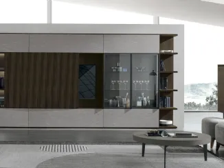 Parete Attrezzata Atlante UNIT AT211 in materico rovere moka, legno rovere moka canettè e materico piasentina scuro di Tomasella