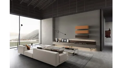 Parete Attrezzata I-ModulART 05 in laccato lucido e legno con pensili in laccato opaco e legno di Presotto