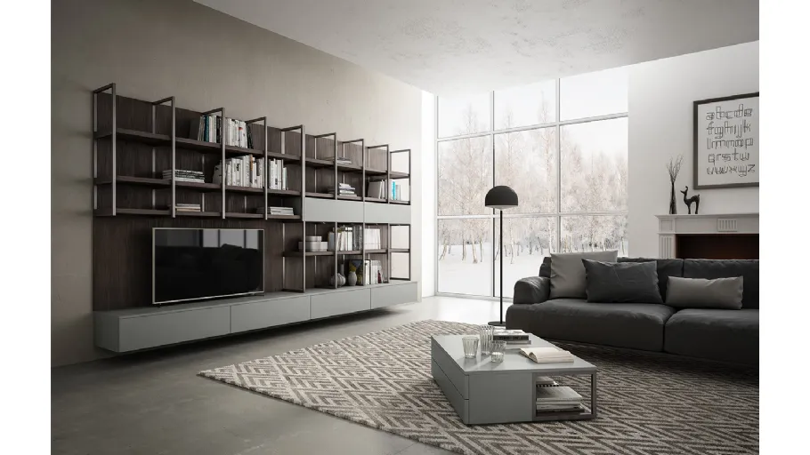 Parete Attrezzata sospesa in laccato opaco grigio e Noce bruno Living 03 di Arredo3