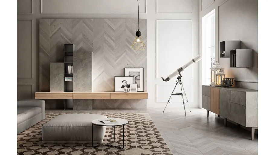 Parete Attrezzata Living 05 in Rovere e Pietra di Arredo3