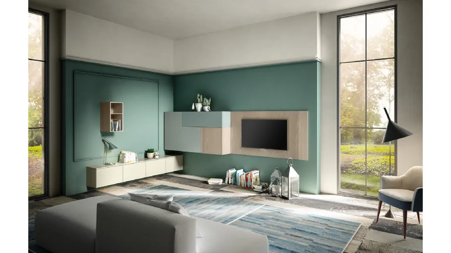 Parete Attrezzata Living 10 in laccato opaco e Aria Larice Cortina di Arredo3