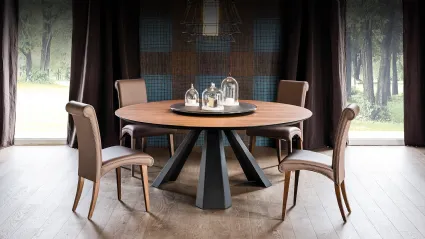 Tavolo in legno con vassoio centrotavola girevole e base in acciaio Eliot Round di Cattelan Italia