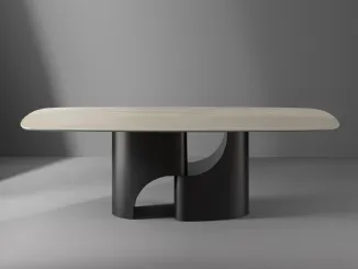 Tavolo Taijitu con piano in marmo e base in metallo di Bonaldo