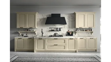 Cucina Classica lineare in legno di Frassino finitura decapè Avorio e top in Dekton effetto marmo Emma di Arredo3
