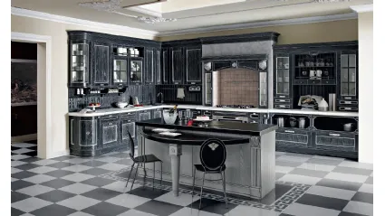 Cucina Classica angolare con isola centrale Imperial Charme in Fassino Antracite decapato con decorazioni argento di Aran