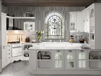 Cucina Classica Imperial Glamour angolare in Frassino Bianco Canapa laccato a poro aperto di Aran