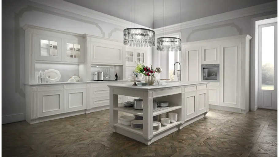 Cucina Classica con isola Melograno in Rovere laccato Bianco e marmo Statuarietto di Composit