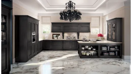 Cucina Classica angolare con penisola Melograno in Rovere tinto Grigio Scuro e top in marmo Calacatta Oro di Composit