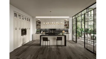 Cucina Classica con isola in legno di Frassino finitura Juta decapè e top in Dekton Verona di Arredo3