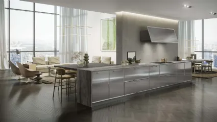 Cucina Design Céline in acciaio inox con top in marmo e penisola in Rovere Wengé di Composit