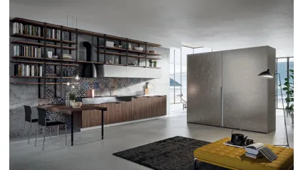 Cucina Design lineare Lab13 con basi in LPL Noce e top in grés laminam di Aran