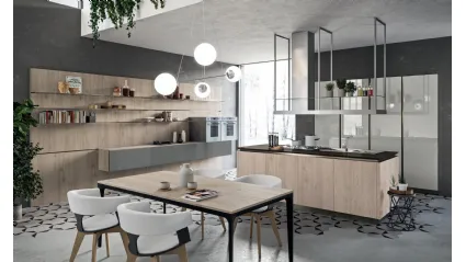 Cucina Design con isola Lab13 con basi in LPL Rovere cipria e anta Plana con profilo in alluminio di Aran