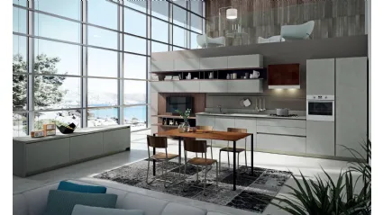Cucina Design lineare Lab13 in Portland Silver grey con anta Plana e LPL noce di Aran