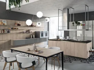 Cucina lineare Design Lab13 con basi in LPL Rovere cipria e anta Plana con profilo in alluminio di Aran