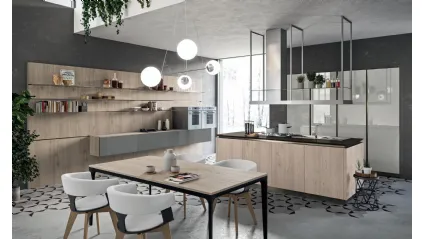Cucina lineare Design Lab13 con basi in LPL Rovere cipria e anta Plana con profilo in alluminio di Aran