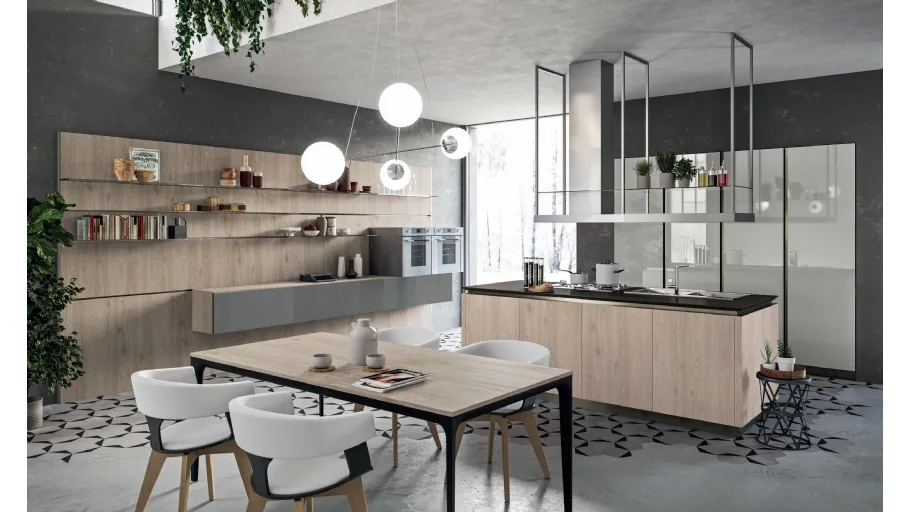Cucina lineare Design Lab13 con basi in LPL Rovere cipria e anta Plana con profilo in alluminio di Aran