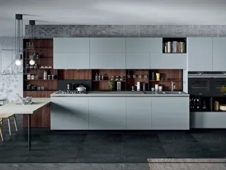 Cucina Design lineare Lab13 in laminato HPL Grigio con profilo in alluminio Nero di Aran