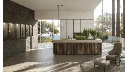 Cucina Design Oasi lineare in Rovere ossidato con piante inserite nel top di Aran
