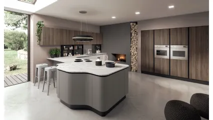 Cucina Design angolare con penisola Penelope in HPL Grigio e HPL Noce con top in marmo di Carrara spazzolat